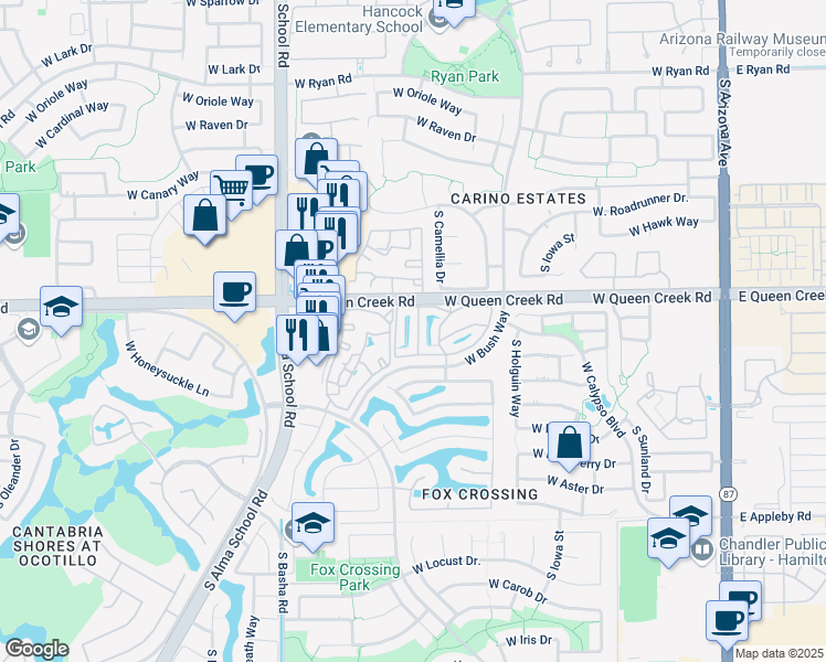 map of restaurants, bars, coffee shops, grocery stores, and more near 705 West Queen Creek Road in Chandler