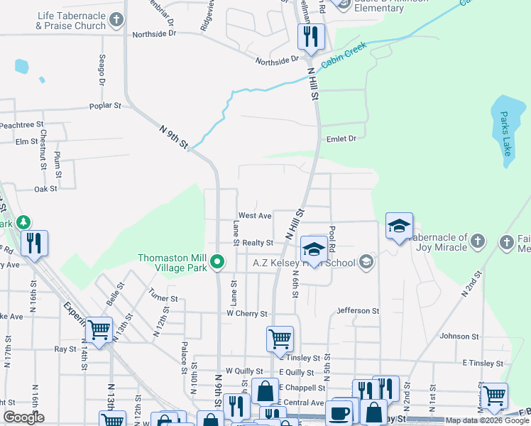 map of restaurants, bars, coffee shops, grocery stores, and more near 123 West Avenue in Griffin