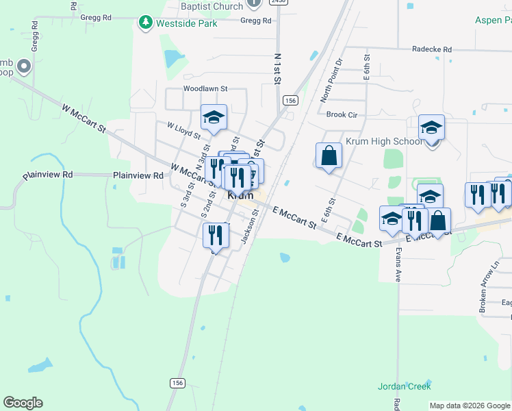 map of restaurants, bars, coffee shops, grocery stores, and more near in Krum