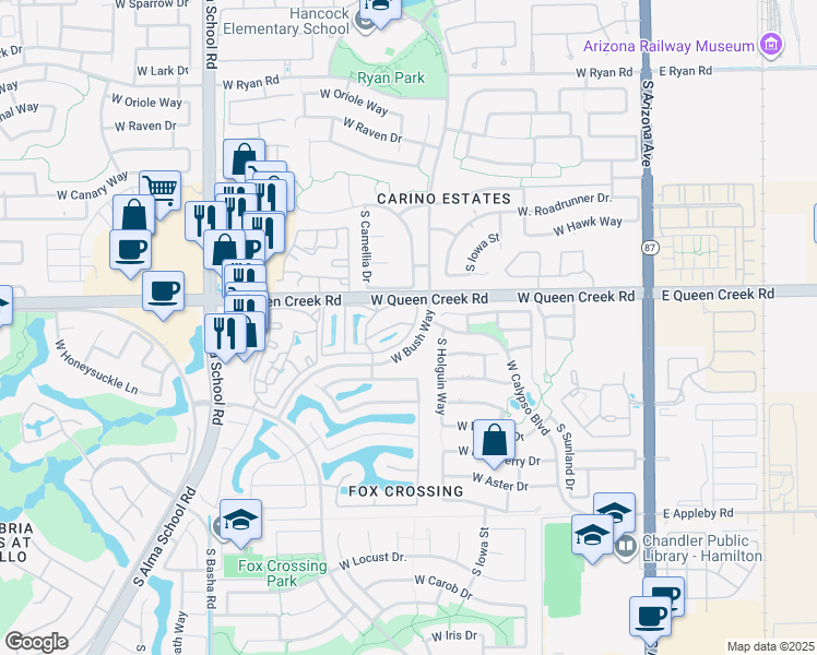 map of restaurants, bars, coffee shops, grocery stores, and more near 705 West Queen Creek Road in Chandler
