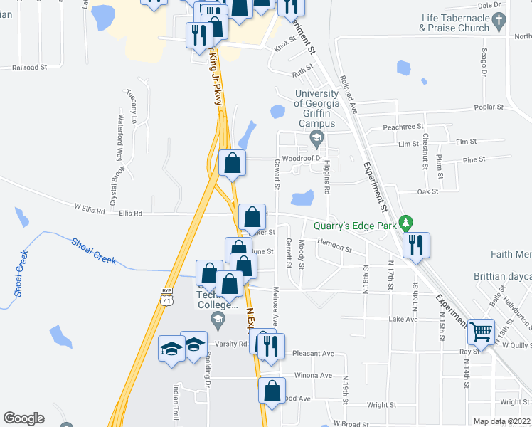 map of restaurants, bars, coffee shops, grocery stores, and more near 1400 Ellis Road in Griffin