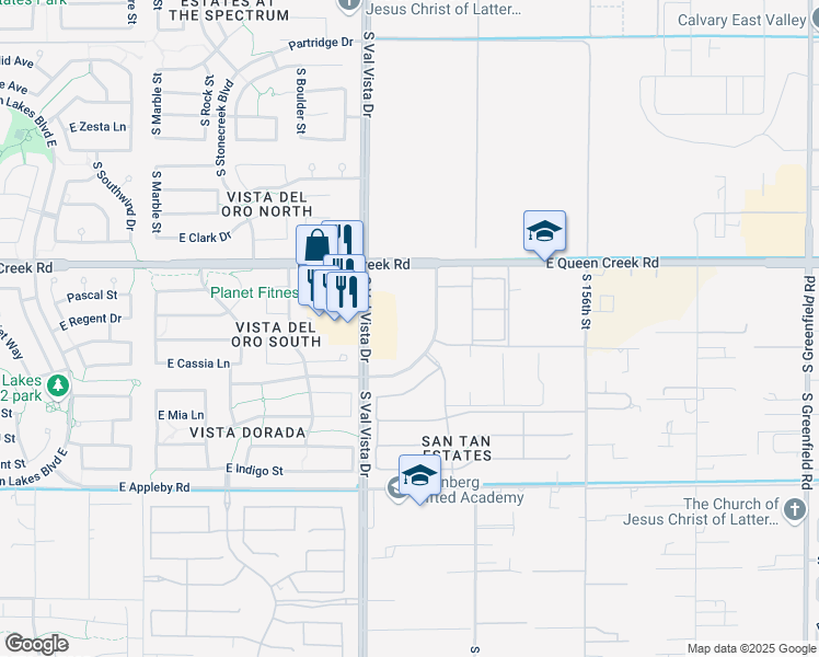 map of restaurants, bars, coffee shops, grocery stores, and more near 4691 South Val Vista Drive in Gilbert