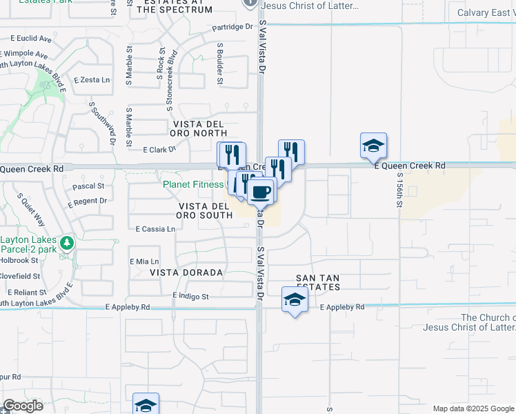 map of restaurants, bars, coffee shops, grocery stores, and more near 4910 South Val Vista Drive in Gilbert
