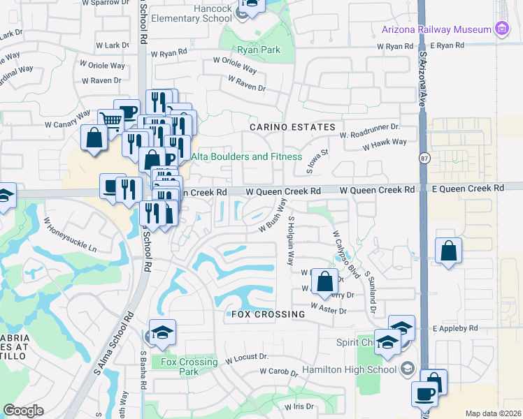 map of restaurants, bars, coffee shops, grocery stores, and more near 705 West Queen Creek Road in Chandler
