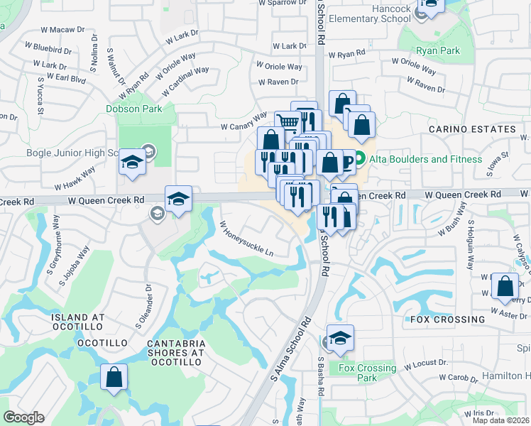 map of restaurants, bars, coffee shops, grocery stores, and more near 3023 South Marigold Place in Chandler