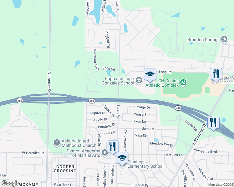 map of restaurants, bars, coffee shops, grocery stores, and more near 1112 Riverine Drive in Denton