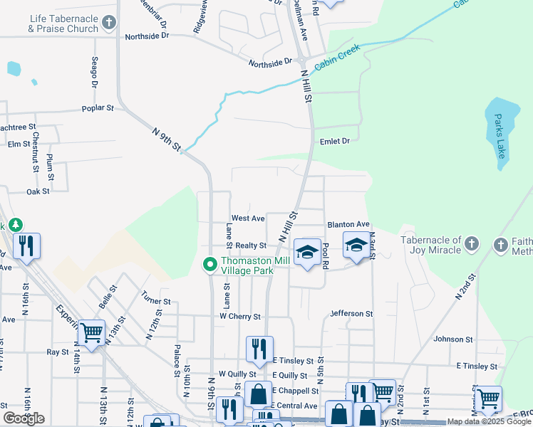 map of restaurants, bars, coffee shops, grocery stores, and more near 117 Thurman Street in Griffin