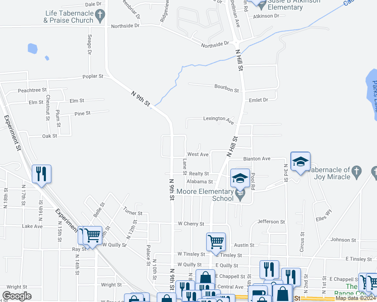 map of restaurants, bars, coffee shops, grocery stores, and more near 804 9th Street in Griffin