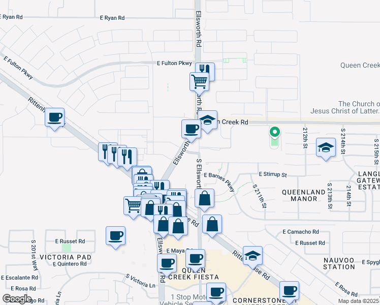 map of restaurants, bars, coffee shops, grocery stores, and more near 20446 East Walnut Road in Queen Creek