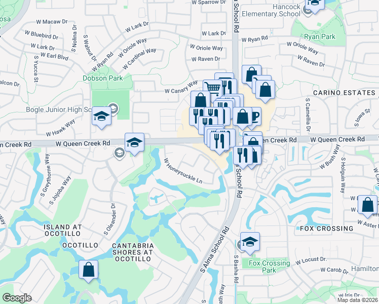 map of restaurants, bars, coffee shops, grocery stores, and more near 3023 South Marigold Place in Chandler