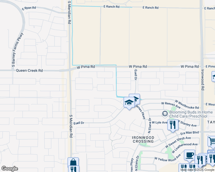 map of restaurants, bars, coffee shops, grocery stores, and more near 1087 Snowbell Avenue in San Tan Valley