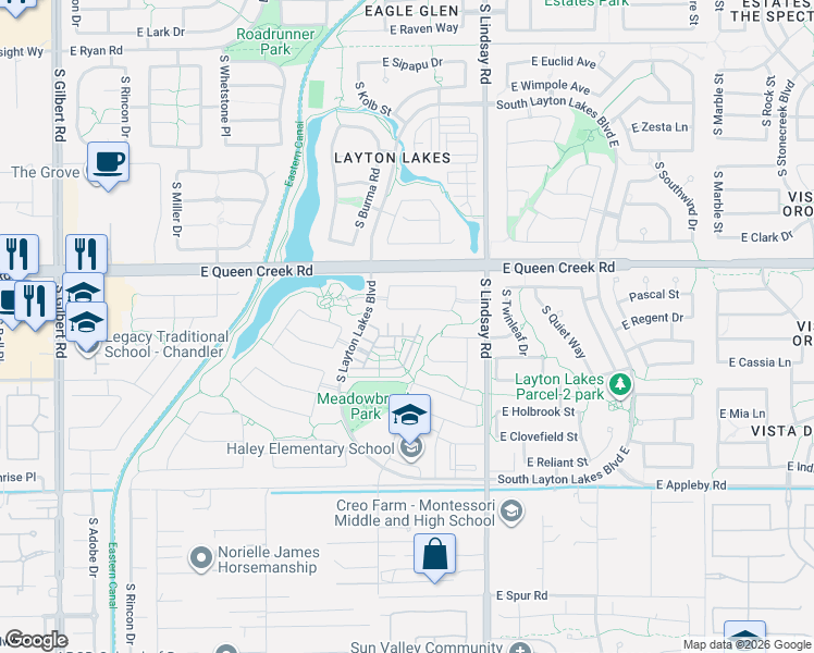 map of restaurants, bars, coffee shops, grocery stores, and more near 3130 South Mingus Drive in Chandler