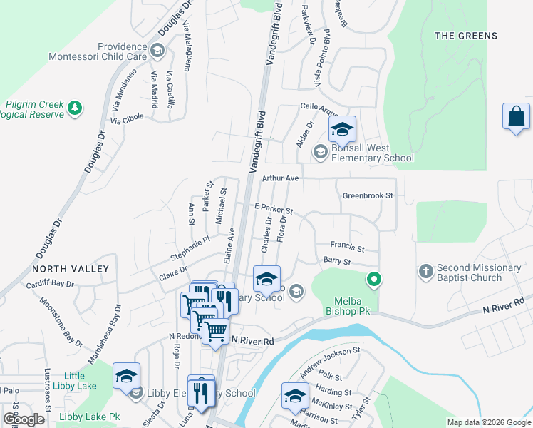 map of restaurants, bars, coffee shops, grocery stores, and more near 671 Charles Drive in Oceanside