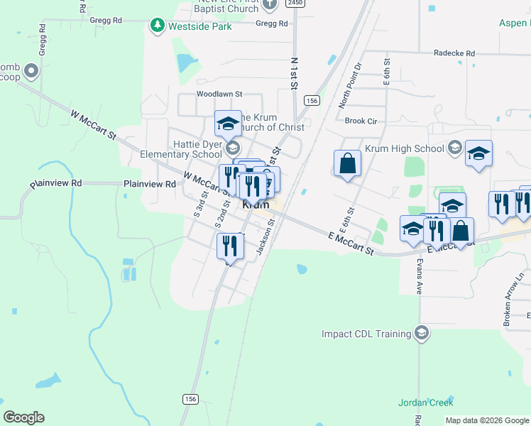 map of restaurants, bars, coffee shops, grocery stores, and more near in Krum