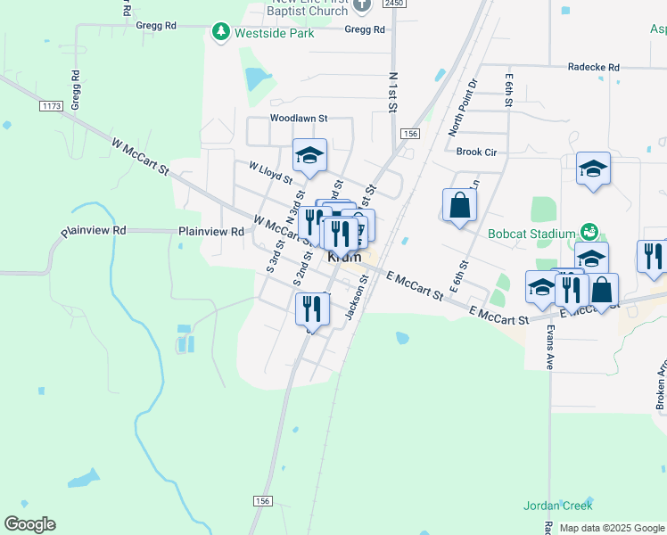 map of restaurants, bars, coffee shops, grocery stores, and more near 110 South 1st Street in Krum
