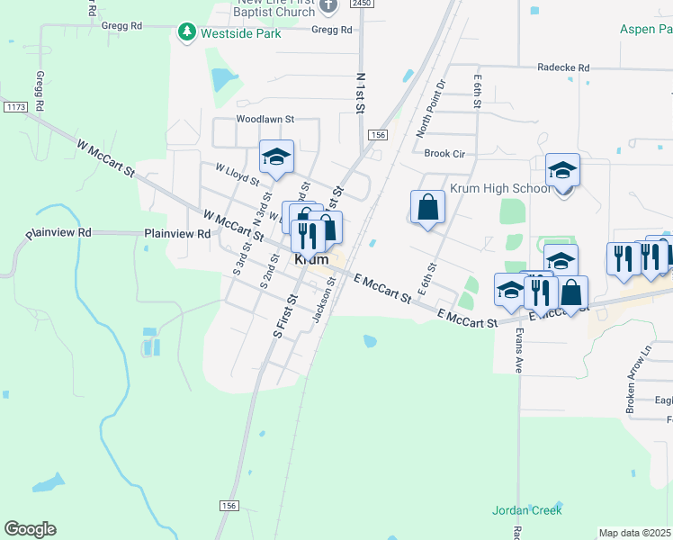 map of restaurants, bars, coffee shops, grocery stores, and more near 809 East McCart Street in Krum