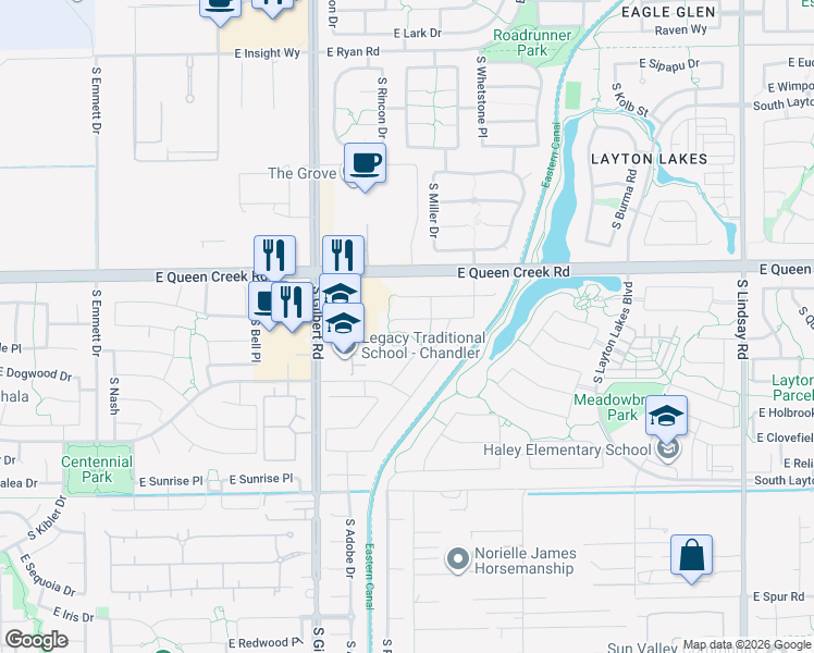 map of restaurants, bars, coffee shops, grocery stores, and more near 3233 East Lantana Place in Chandler
