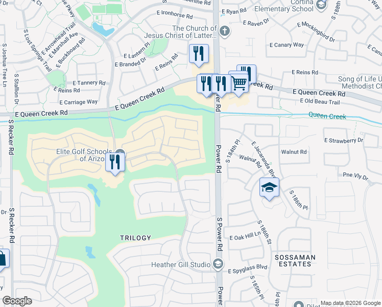 map of restaurants, bars, coffee shops, grocery stores, and more near 4668 East Peartree Lane in Gilbert
