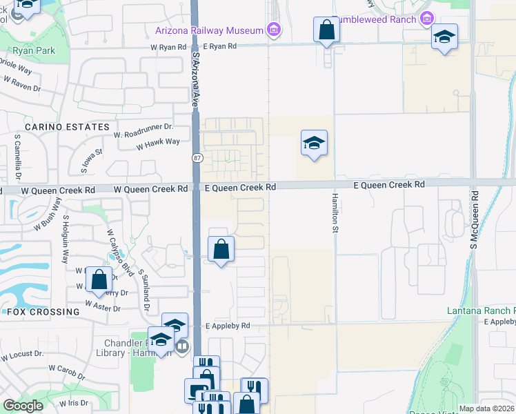 map of restaurants, bars, coffee shops, grocery stores, and more near 281 East Wisteria Drive in Chandler