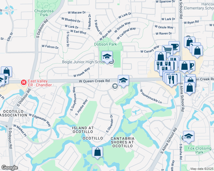 map of restaurants, bars, coffee shops, grocery stores, and more near 1500 NW Jacaranda Pkwy in Chandler