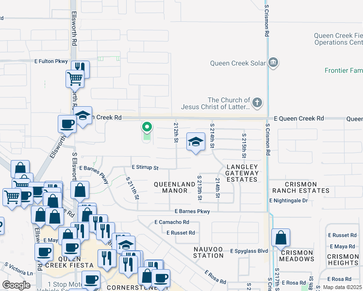 map of restaurants, bars, coffee shops, grocery stores, and more near 21254 East Bonanza Way in Queen Creek