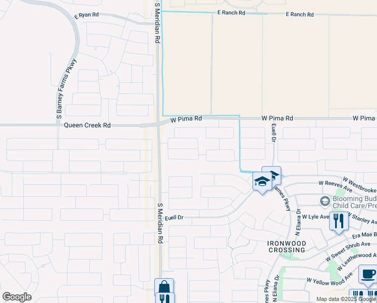 map of restaurants, bars, coffee shops, grocery stores, and more near 1369 West Buckeye Tree Avenue in San Tan Valley