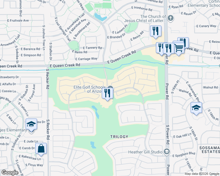 map of restaurants, bars, coffee shops, grocery stores, and more near 4980 South Peachwood Drive in Gilbert