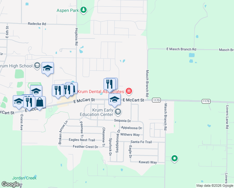 map of restaurants, bars, coffee shops, grocery stores, and more near 3213 Camden Creek Drive in Krum