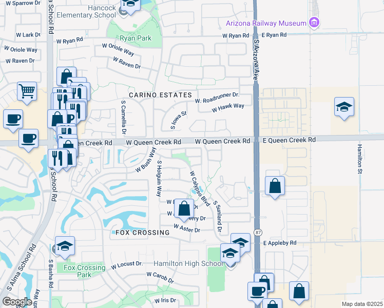 map of restaurants, bars, coffee shops, grocery stores, and more near 302 West Rosemary Drive in Chandler