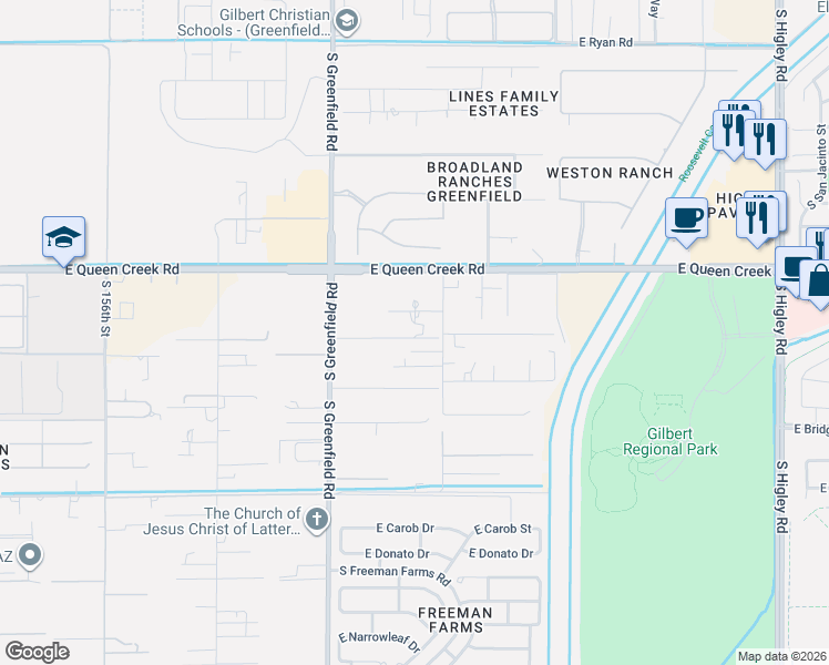 map of restaurants, bars, coffee shops, grocery stores, and more near 2538 East Walnut Court in Gilbert