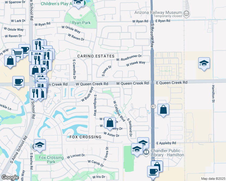 map of restaurants, bars, coffee shops, grocery stores, and more near 312 West Rosemary Drive in Chandler