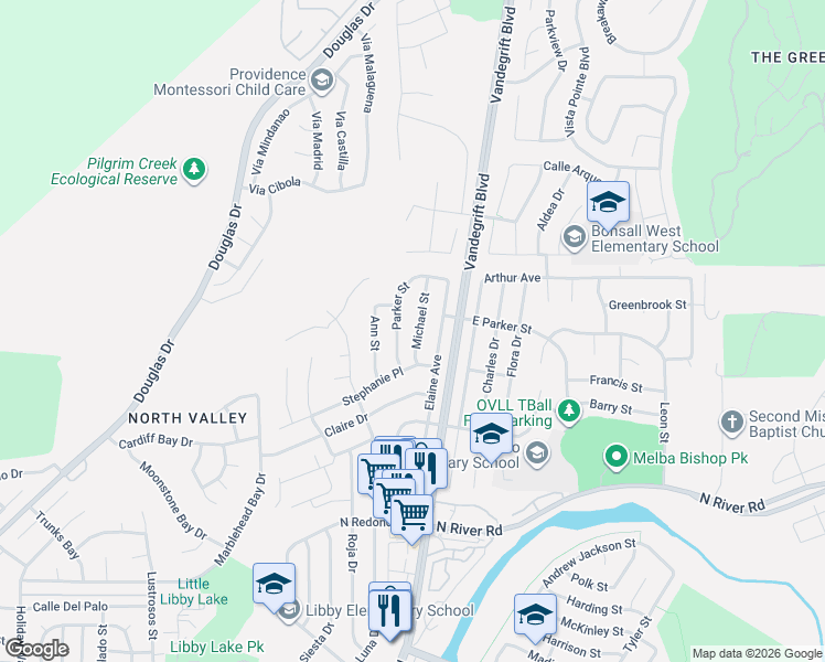 map of restaurants, bars, coffee shops, grocery stores, and more near 635 Michael Street in Oceanside