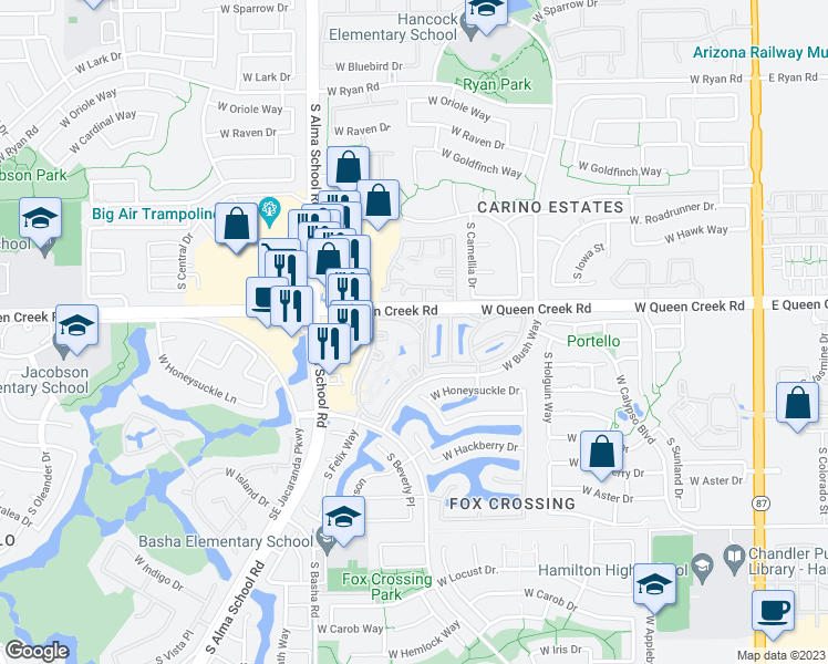 map of restaurants, bars, coffee shops, grocery stores, and more near 825 West Queen Creek Road in Chandler