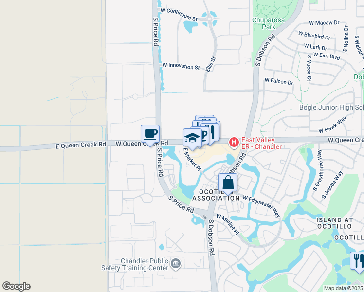 map of restaurants, bars, coffee shops, grocery stores, and more near 2855 West Queen Creek Road in Chandler