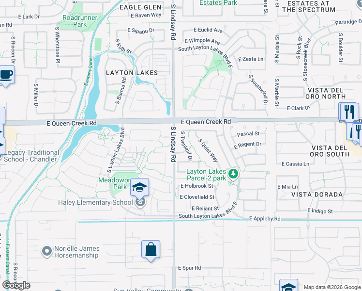 map of restaurants, bars, coffee shops, grocery stores, and more near 4896 South Twinleaf Drive in Gilbert