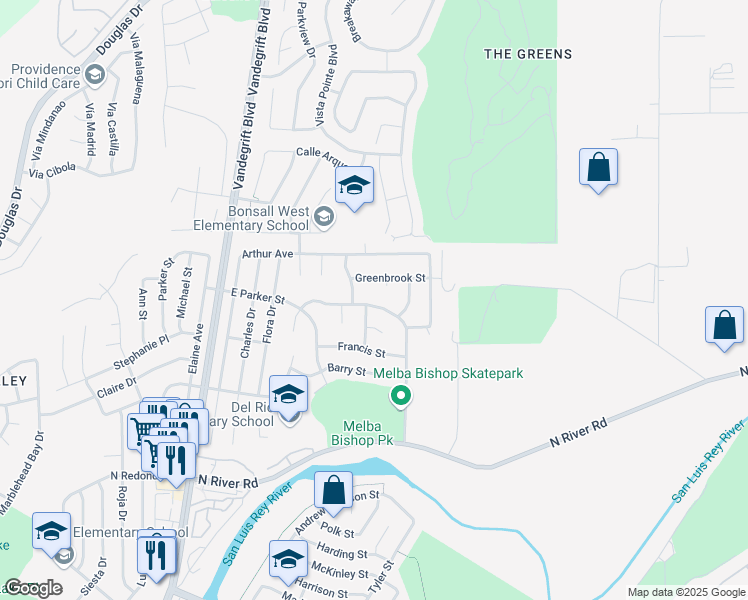 map of restaurants, bars, coffee shops, grocery stores, and more near 5258 Leon Street in Oceanside