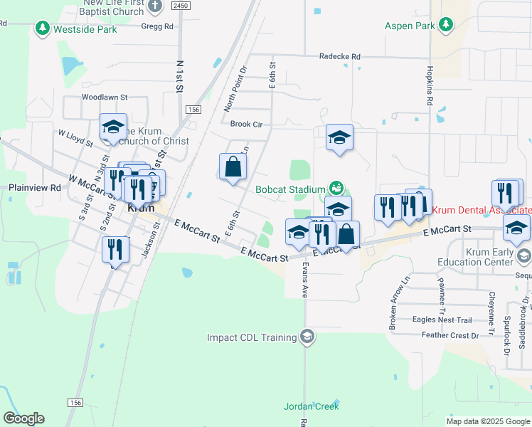 map of restaurants, bars, coffee shops, grocery stores, and more near 323 East Lloyd Street in Krum