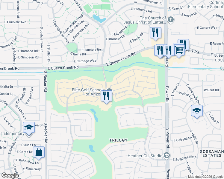map of restaurants, bars, coffee shops, grocery stores, and more near 4980 South Peachwood Drive in Gilbert