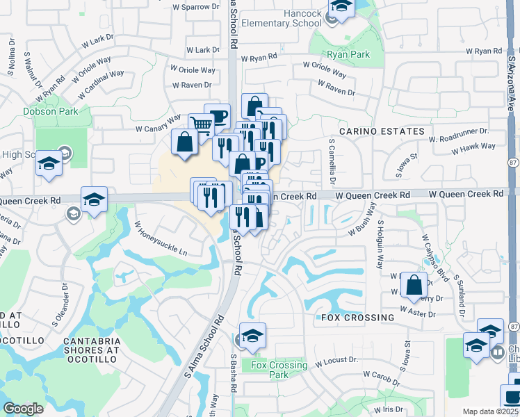 map of restaurants, bars, coffee shops, grocery stores, and more near 3125 S Alma School Rd in Chandler