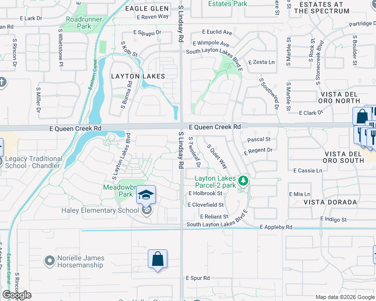 map of restaurants, bars, coffee shops, grocery stores, and more near 4896 South Twinleaf Drive in Gilbert