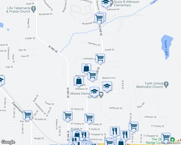 map of restaurants, bars, coffee shops, grocery stores, and more near 117 Thurman Street in Griffin