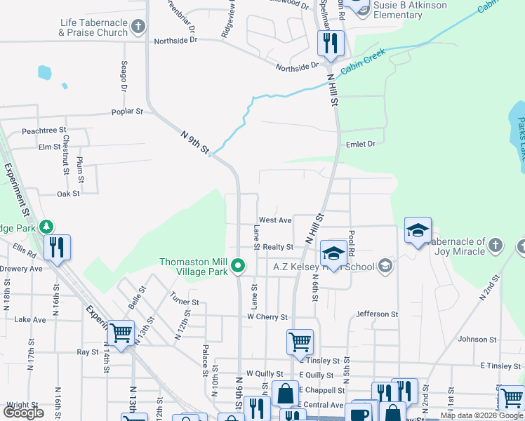 map of restaurants, bars, coffee shops, grocery stores, and more near 802 Lane Street in Griffin