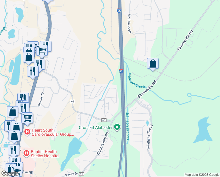 map of restaurants, bars, coffee shops, grocery stores, and more near 1432 Windsor Court in Alabaster