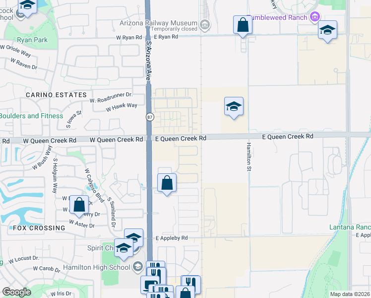 map of restaurants, bars, coffee shops, grocery stores, and more near 212 E. Lantana Dr in Chandler