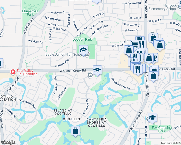 map of restaurants, bars, coffee shops, grocery stores, and more near 1500 Northwest Jacaranda Parkway in Chandler