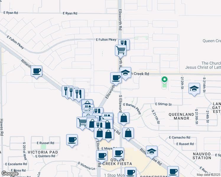 map of restaurants, bars, coffee shops, grocery stores, and more near 20446 East Walnut Road in Queen Creek