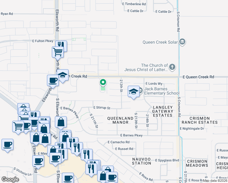 map of restaurants, bars, coffee shops, grocery stores, and more near 21116 East Bonanza Way in Queen Creek