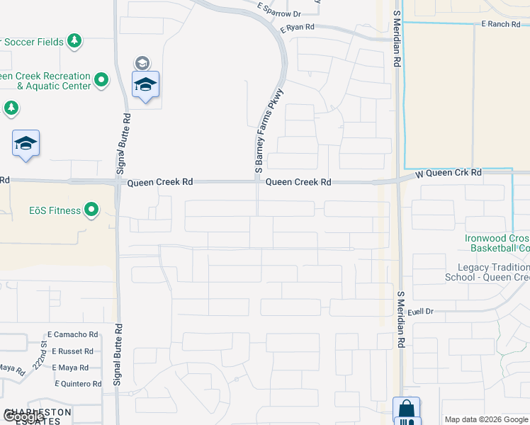 map of restaurants, bars, coffee shops, grocery stores, and more near 22643-23199 East Queen Creek Road in Queen Creek