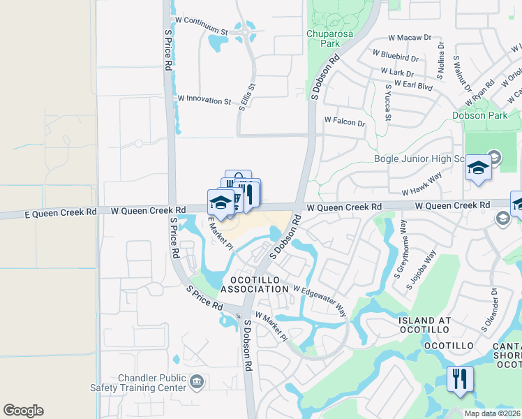 map of restaurants, bars, coffee shops, grocery stores, and more near 2515 West Queen Creek Road in Chandler