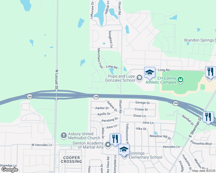 map of restaurants, bars, coffee shops, grocery stores, and more near 1116 Princewood DR in Denton